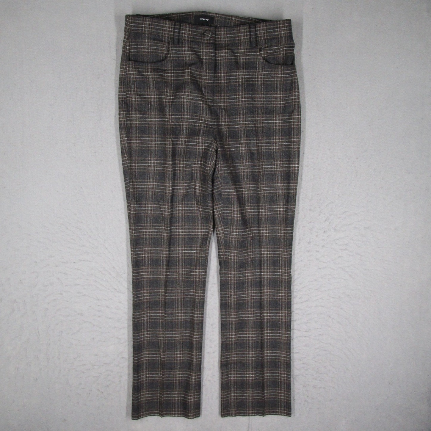 Theory Auburn Plaid Virgin Wool Straight Leg Pants Women Size 6 K0801218 Brown